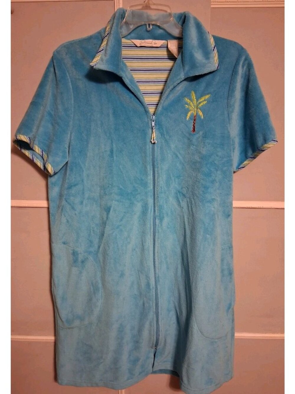 Jasmine Rose Intimates Blue Terry Cloth Zip Up Robe/Cover Up Sz M Y2K Palm Tree
